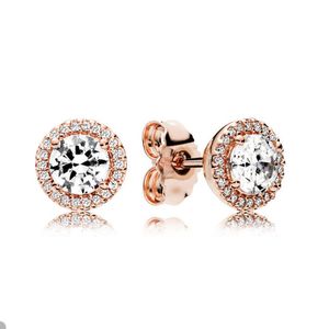 Rose Gold Round Halo Stud Earrings for Pandora Real Sterling Silver Wedding designer Earrings Set For Women Mens HIP HOP CZ Diamond earring with Original Box