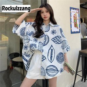 Camicette da donna Rockulzzang Camicia abbottonata Frutta Fiore Stampa Manica corta Camicetta oversize Uomo Abbigliamento donna Top Harajuku Summer Blusas