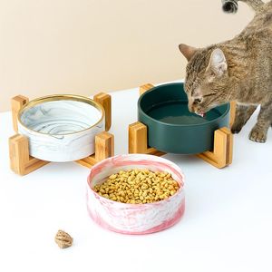 Feeding Dog Bowl Ceramic Feeder Marbling Dish Pet with Wooden Stand Drinking Water NonSlip No Spill Bowl for Cat Puppy Feeding Supplies