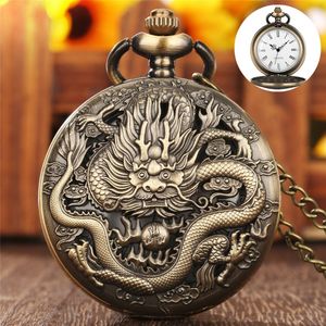 Classic Engraved Dragon Watches Full Hunter Roman Number Quartz Pocket Watch for Men with Necklace FOB Chain Gift