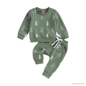 Set di abbigliamento Bambino Bambini Neonati maschi Vestiti di Natale Set Verde Albero di Natale Stampa Felpe a maniche lunghe Pantaloni Abiti casual R231127