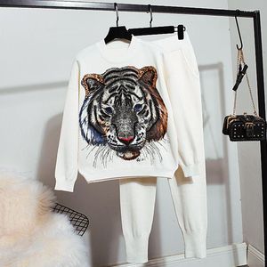 Women's Two Piece Pants Trendy Women Two-piece Suit Beading Tiger O-neck Pullovers Knitted Sweater Top Elastic Waist Casual Harem Knitsuits