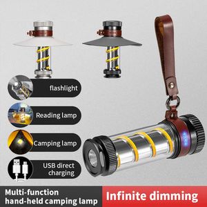 Outdoor Gadgets Brass Camping Flashlight COB Outdoor Tent Lights Torch Dimmable Waterproof Type-C Charging Emergency Lamp for Fishing Hiking 231127