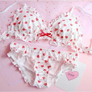 BH-Sets Strawberry / Print Japanese Milk Silk Bra Panties Set Wirefree Soft Underwear Intimates Set Kawaii Lolita Bra and Panty Set 230427