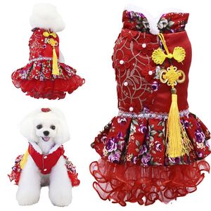 Sukienki ubrania dla zwierząt aksamitne ciepły pies ślubna sukienka ślubna chiński styl garnitur dla psa zima sxxl czerwona sukienka z zwierzakiem Yorkie corgi mis