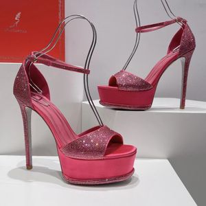 サンダルクリスタルパールプラットフォームサンダル130mmラインストーンかかとRene Caovilla CleoデザイナーAnkle Women High Heeled Sandal Stileetto Heel Invinence Shoes