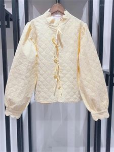 Giacche da donna Colletto in piedi di pizzo femminile Manica lunga Cappotto caldo allentato Giacca da donna in cotone con lacci scozzese giallo dolce 2023 Inverno