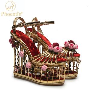 Klänningsskor Phoentin Gold Flower Sandal Super High Heel 16cm Platform Bröllop Ankel Rem Buckle Luxury Party Woman FT337 231127