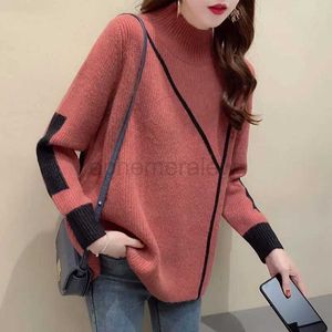 Kvinnors tröjor Fashion Half High Collar Sticked skarvad All-Match Sweater Women Clothing 2022 Autumn New Overized Casual Pullovers Korean Tops ZLN231127