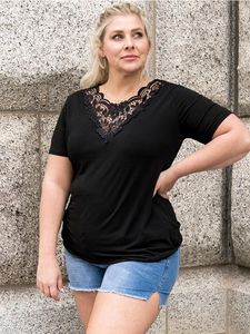 Tops 4xl 5xl Plus Size Tee Shirt Woman Fashion Lace Floral Hollow Out V Neck Short Sleeve Casual Blouse Shirt Black Laies Tops