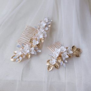 Ceramic Floral Bridal Comb Wedding Hair Piece Gold Color Alloy Leaf Women Headpiece Handmade Accessories