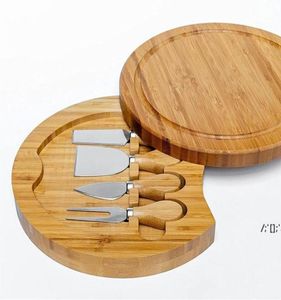 Bamboo Cheese Board and Knife Set Round Charcuterie Boards Swivel Meat Platter Holiday Housewarming Gift Kitchen Tools SEAWAY DWD12653174