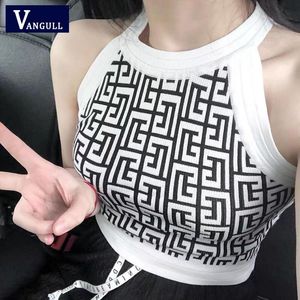 Parkas Vangull Summer New Plaid Print Sticked Vest Women Sleeveless Oneck Tanks Female Pullover Vintage Slim Short Ladies Waistcoat