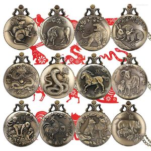 Orologi da taschino bronzo zodiaco cinese quarzo ratto/bue/tigre//drago/serpente/cavallo/pecora/scimmia/gallo/cane/maiale regalo di compleanno