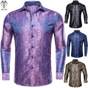 Mäns casual skjortor Hi-Tie Brand Silk Mens Shirts Långärmning Slim Fit Gold Blue Red Beige Bourgogne Pink Purple Grey Shirt For Men High Quality 230425