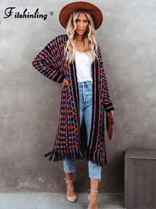 Giacche Fitshinling Bohemian Vintage Cardigan da donna Abbigliamento invernale Frangia Colorata Giacca lunga sottile Moda femminile Cappotto lavorato a maglia Nuovo