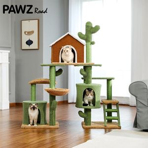 Scratchers DIY Cactus Cat Tree Houses Hummock Fully Wrapped Scratching Post Wood Climbing Tower for Cat Jumping Toy Pet Furniture Protector