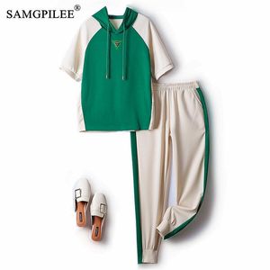 Suits Casual Sports Suit 2022 Summer Hooded Air Cotton Shortsleeved Sweater Color Blocking Ninepoint Pants Two Piece Set Women 4XL