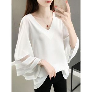 T-shirt elegancka vneck splicowana gaza gazy gazy bluzki bluzka damska odzież 2023 wiosna nowa, oversize casual pullover słodka koszula