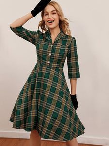 Klänning 2022 Turndown Collar Button Up Green Plaid Women Dresses Pin Up Vintage Robe Elegant Spring Clothes Retro 50s 60s Swing Dresses