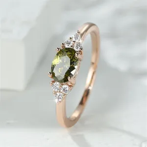 Cluster Rings Simple Small Olive Green Stone Ring Rose Gold Color Oval Zircon Minimalist Stacking Thin For Women Party Wedding Bands