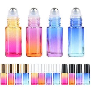 Garrafas de vidro de cor gradiente de 5ml Frasco de rolo de óleo essencial de perfume com recipiente de bolas de rolo de aço inoxidável para uso em viagens domésticas Ujwbb