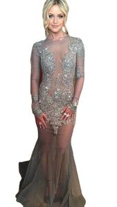 Bling Bling See Through Evening Dress Party Gown New Sexy Sheer Crew Neck Beads Illusion Prom Dresses vestidos de festa