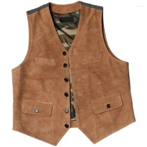 Herrenwesten Herren Vintage Braun Echtleder Weste Western Wildleder Rindsleder Weste Tuch Ärmellose Jacken Hohe Qualität