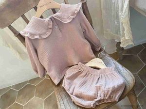 Set di abbigliamento 2 pezzi Vestiti per neonate in cotone Colletto arricciato Risvolto Camicia a maniche lunghe Top Pantaloni di pane Abbigliamento casual R231127