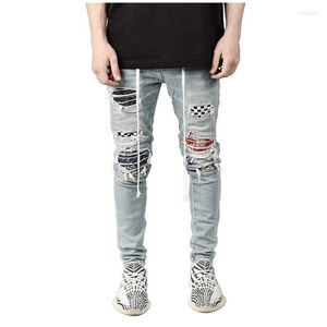 Men's Jeans Fashion Casual Men's Street Hip Hop Travel Sports Plaid Denim Ripped Patch Pencil Pants Slim Stretch Belt Trousers