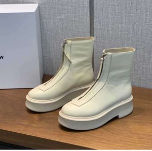 Raden White Smooth Leather Ankle Chelsea Boots Platform Zip Slip-On Round Toe Block Heels Flat Wedges Booties Chunky Boot Luxury Designer 88