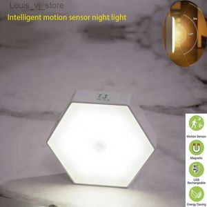 Nattlampor trådlös LED -rörelse sensor nattljus hexagonal människokropp som avkänner ljus USB laddning kök sovrum trappa garderob ljus yq231127