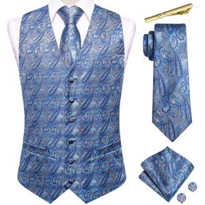 Men's Vests Hi-Tie Business Blue Mens Silk Classic Paisley Waistcoat Jacket Necktie Hanky Cufflinks Clips Sets Wedding Formal Designer
