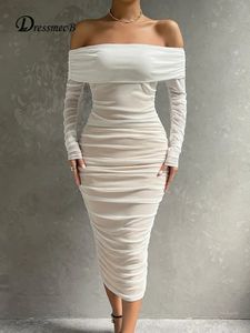 Grundläggande casual klänningar klänningmecb solid mesh vita midi kvinnor kläder utanför axeln långärmare höstklänning backless ruched sexig fest vestido 231127