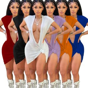 Yeni Tasarımcı Seksi Yaz Elbiseleri Kadın Kısa Kollu Derin V Boyun Vücutcon Elbise Katı Sıska Mini Gece Kulübü Giyim Toplu Toptan Giyim 9794