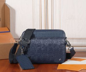 Designer Trio Messenger Bag N40438 för man Mens läder präglade damier crossbody väska med avtagbart dragkedja fickmynt handväska blå schackskivor axelväskor tonåring pojke