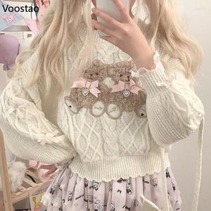 Damenpullover Vintage Sweet Lolita Style Strickpullover Mädchen Niedlicher Plüsch Cartoon Bär Stickerei Bogen Pullover Damen Harajuku Strickwaren