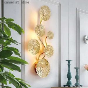 Lâmpadas de parede Artpad Cobre Lustre Lâmpada de parede Gold Lotus Leaf Led Wall Lamp Nordic Bedside Living Room Decor Home Lighting Wall Sconce Lamp Q231127