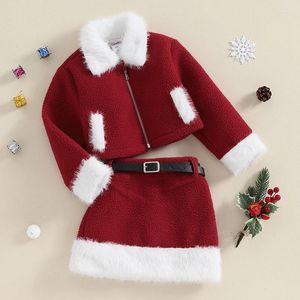 Kläduppsättningar Småbarn Girls Christmas Outfit Furry Long Sleeve Zippe Jacket Coat med kjol Mrs Santa Claus Clothes Set