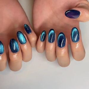 False Nails 24 Pcs Cat Eye Puppet Blue Nail Plate Wearing Short Enhancement For Lovely Girl