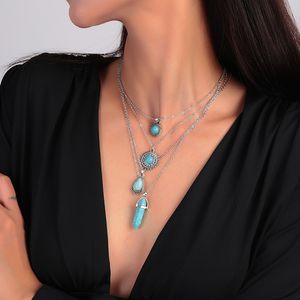 4 PCS Kvinnor halsband uppsättningar vintage silverpläterad turkos stenhalsband Böhmen uttalande hexagonal vatten droppe hänge halsband grossist