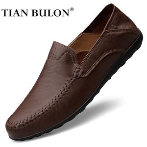 Dress Shoes Genuine Leather Mens Shoes Casual Luxury Brand Men Loafers Moccasins Breathable Slip on Male Driving Shoes Brown Plus Size 37-47 230426