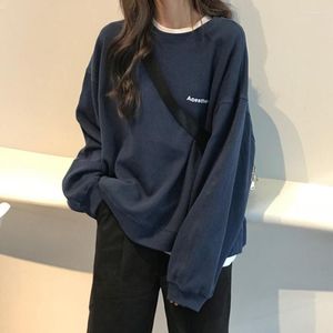 Kvinnors hoodies 2023 Autumn Korean Letter Sweatshirts Lossa långärmad Pullover Tops Girl Student Thin Coat Fashion Kpop Navy Blue