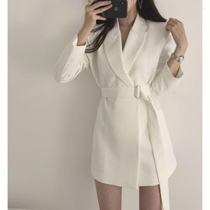 Ternos femininos insozkdg feminino coreano entalhado colarinho de manga longa vestido blazer vestido de fêmea de fêmeas de fêmea curta algodão