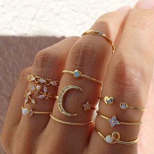 Anéis de banda Bohemian Gold Color Rings Set for Women Vintage Zircon Butterfly Leaves Stars Moon Knuckle Ring Ring 2022 Trend Jewelry Gift AA230426