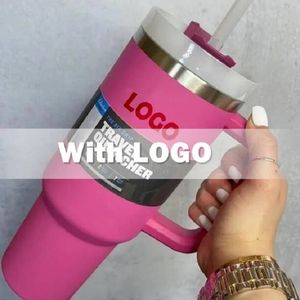Ready To Ship 40oz Hot Pink Tumblers Cups Mugs With Handle Insulated Tumblers Lids Straw Stainless Steel Coffee Thermos Cup has logo
