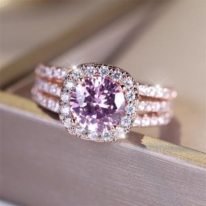 Anéis de casamento luxo cristal redondo pedra anel de noivado elegante rosa zircão banda para mulheres vintage rosa cor boho jóias 231124