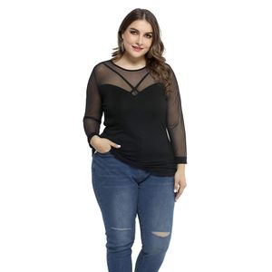 Toppar Sexig mesh plus size Tops African Women See Through Fashion Slim Tshirt 2021 Autumn Long Sleeve Street Solid Shirt Black Blus