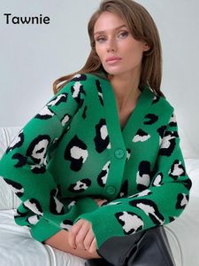 Cardigans Tawnie 2022 Autumn Winter Leopard Print Knitted Cardigan Kobiety Zielone przyciski Groundse Sweter z długim rękawem sweter