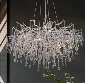 Modern Crystal Chandelier Round Branch Forest Silver Pendant Lamp Hembelysning för matsal Kök Regn Drop Hanging Light